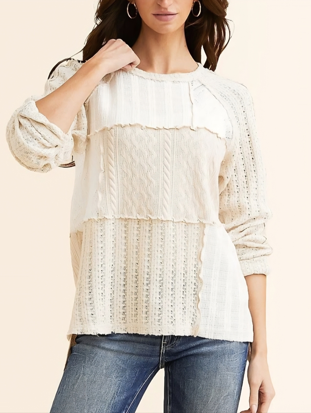 BKE Pieced Raw Edge Cream Women's Top Boho Longsleeve Size Medium